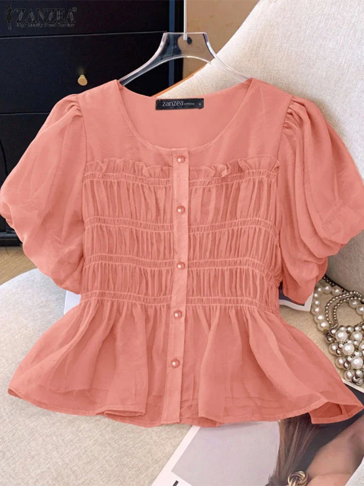 ZANZEA Women Shirts Pleated Summer Tops Vintage Short Sleeve Chiffon Blusas Solid Color Tunics 2025 Casual O Neck Pullover S-3XL