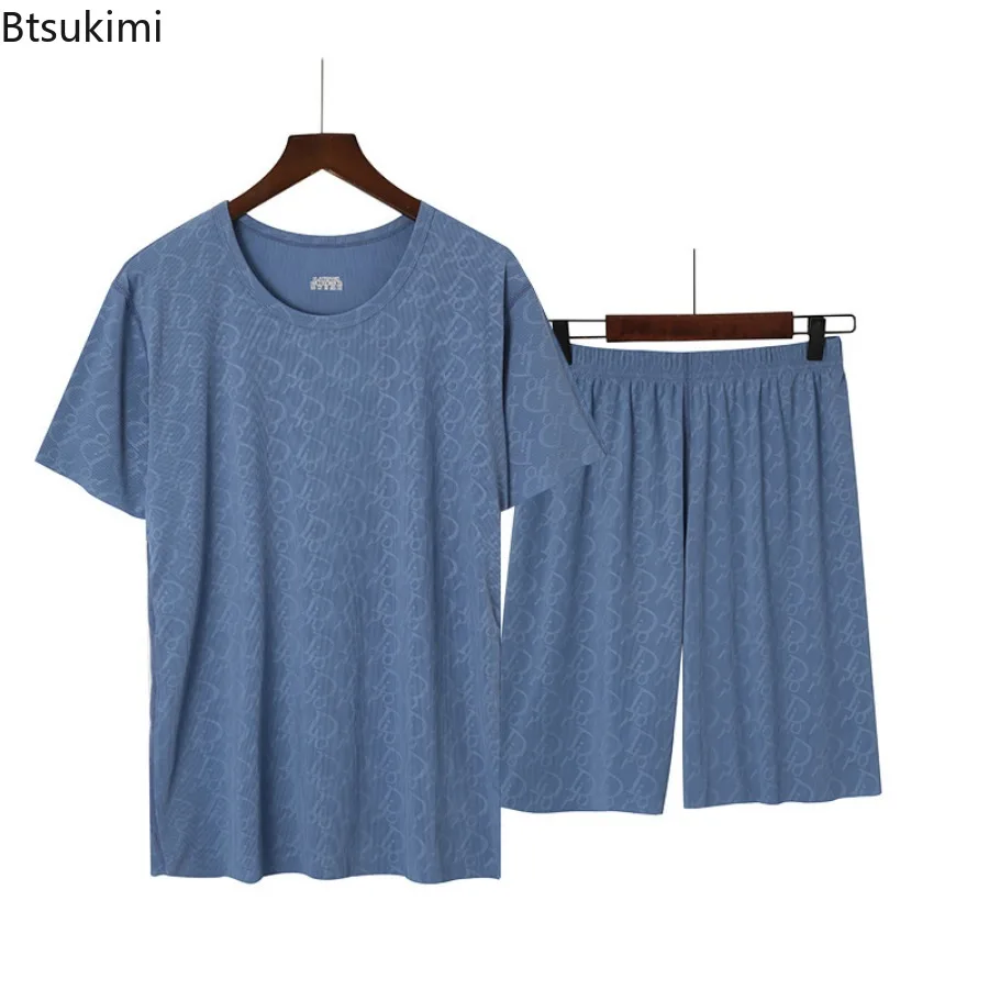 Conjuntos de pijamas de verano para hombre, conjuntos de ropa de dormir acogedora de seda helada de estilo fino, camisetas y pantalones cortos de manga corta con cuello redondo, ropa de casa 6XL