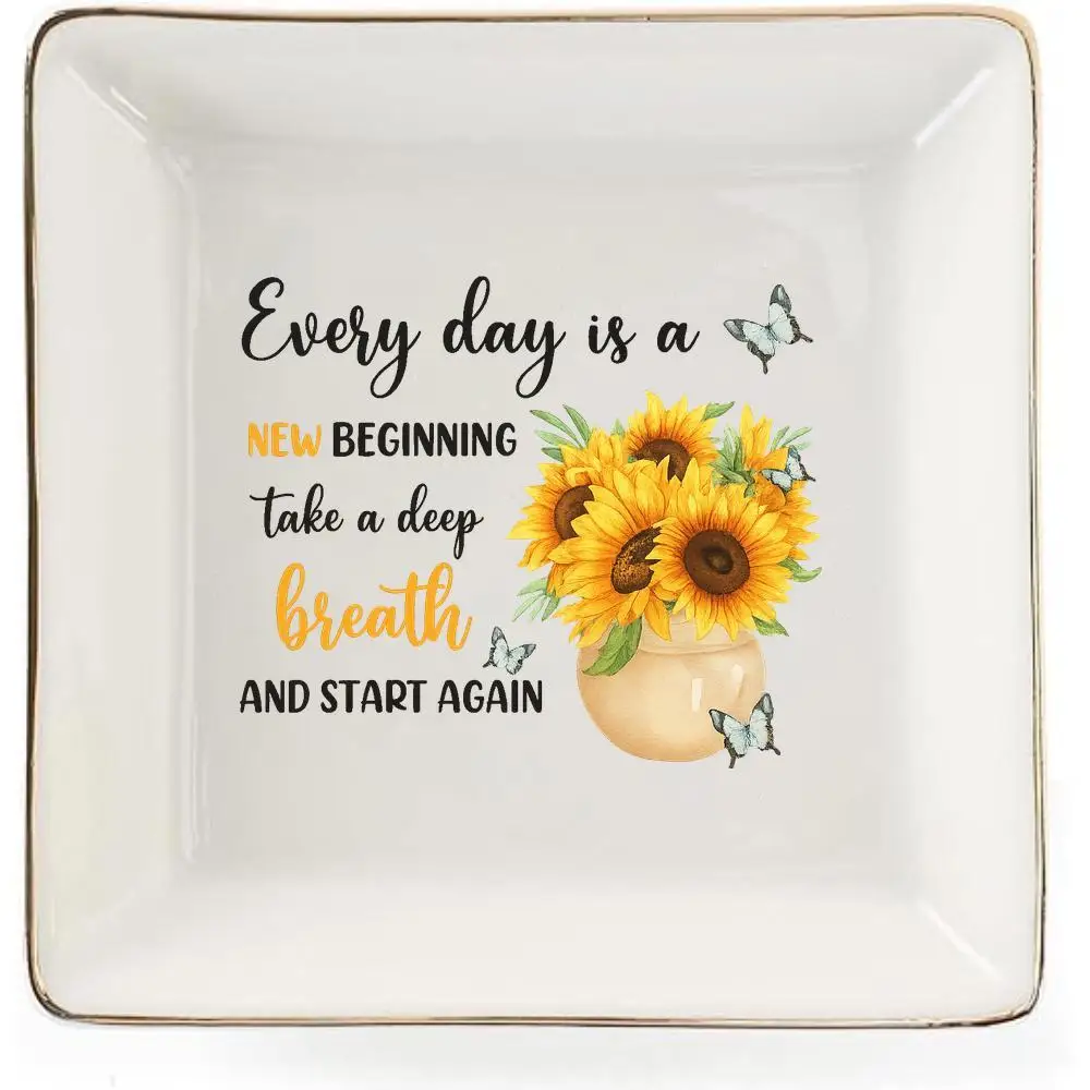 Decorative tray Inspirational Sunflower - Ceramic Decorative Tray for Home & Jewelry Organization - Ideal for Bedroom Dresser, V