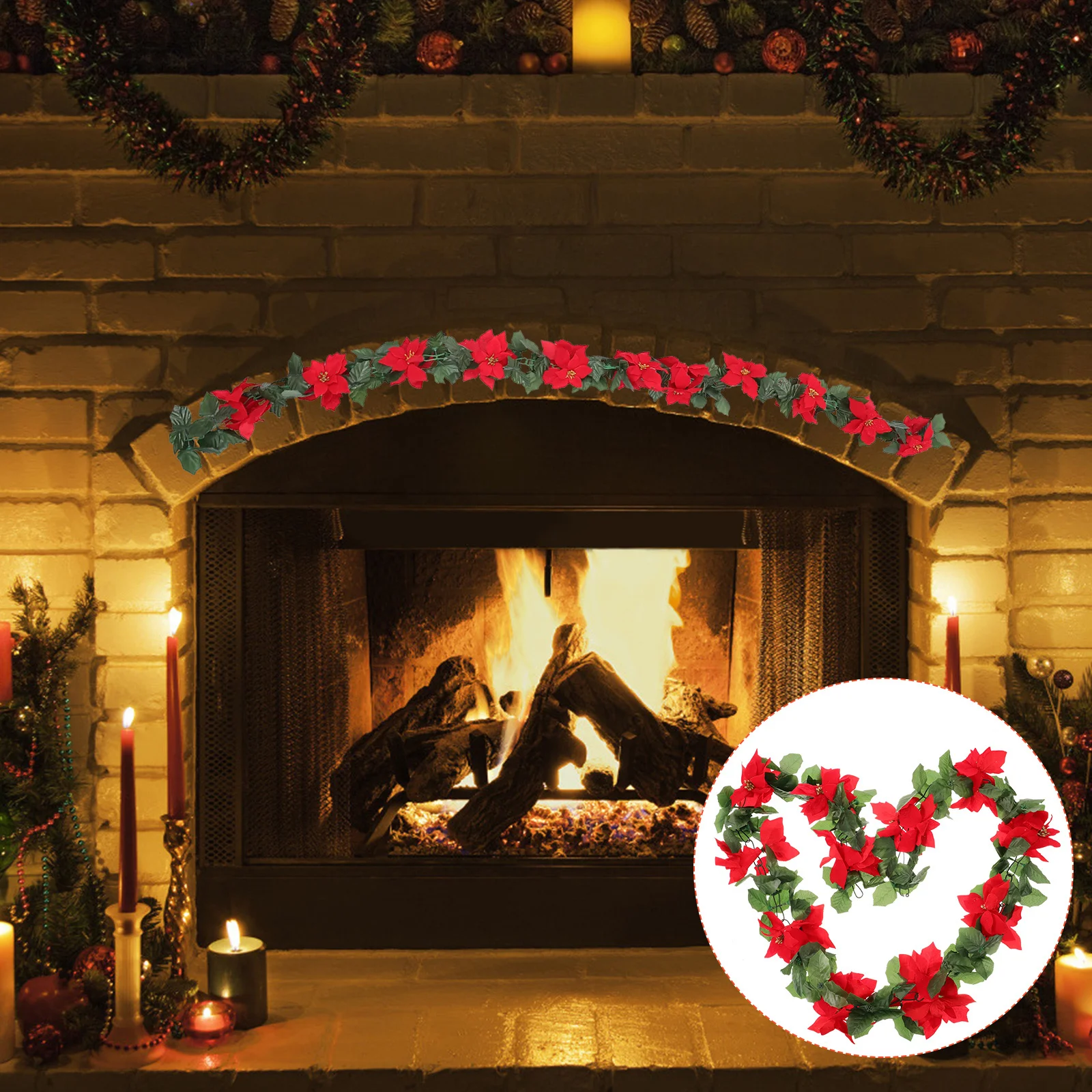 

1pc Christmas Artificial Rattan Garland Red Flower Green Leaves Longlasting Decor For Tree Mantelpiece Stair Handrail Hanging