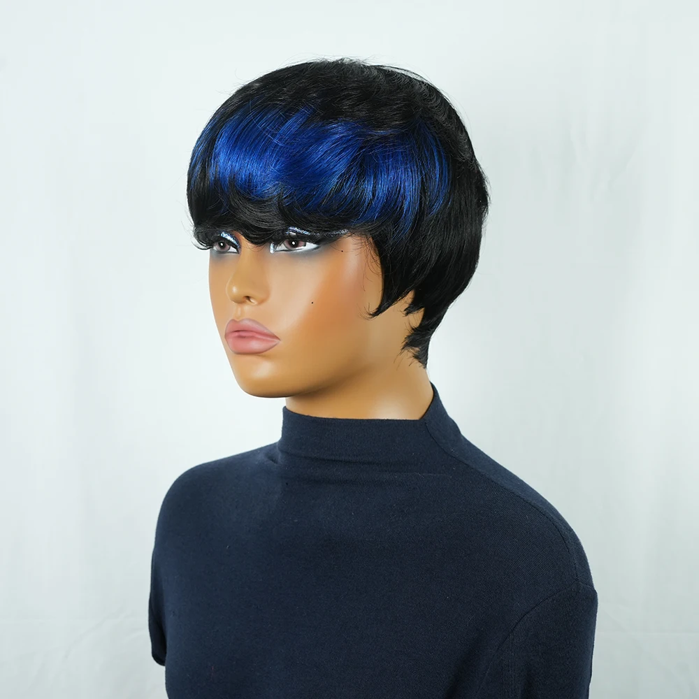 ショートピクシーウィッグ人毛女性用黒青ピクシーウィッグ人毛ショートブルーウィッグ機械製レイヤードショートピクシーカットウィッグ