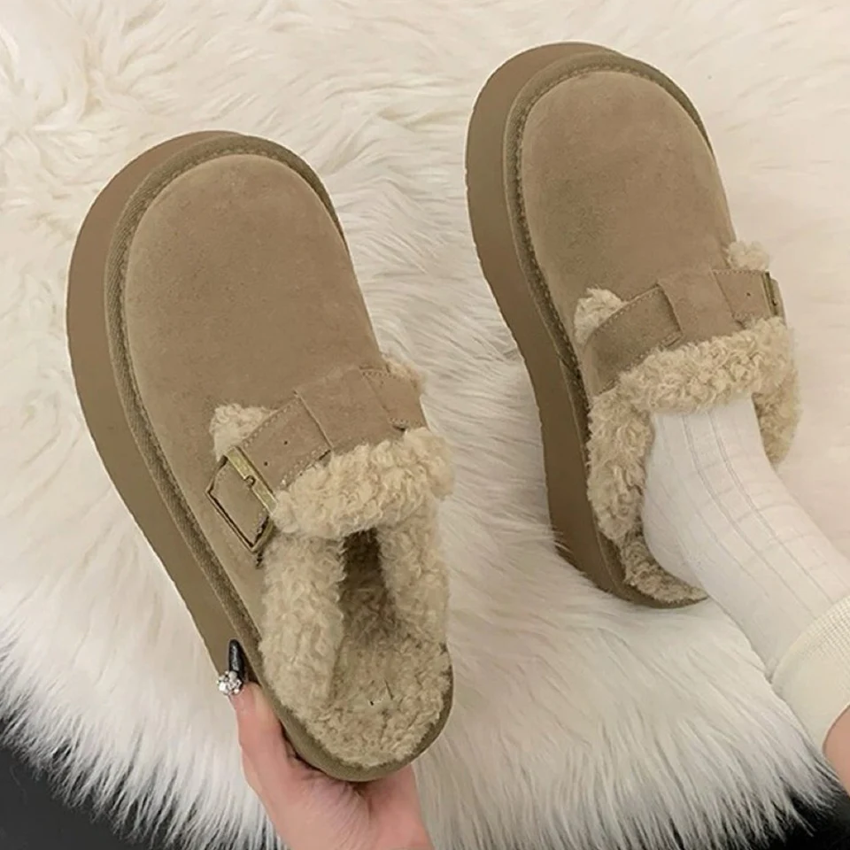 Retro Thick Bottom Lamb Wool Slippers for Women Korean Versatile Autumn Winter Velvet Warm Cotton Shoes Fashion Suede Slippers