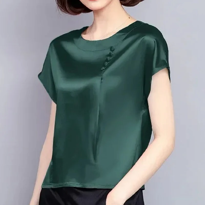 Women\'s Silk Short Sleeved Blouses, Casual O-Neck Shirts, Solid Loose Tops, Spring and Summer Clothing, New Fashion, 0425