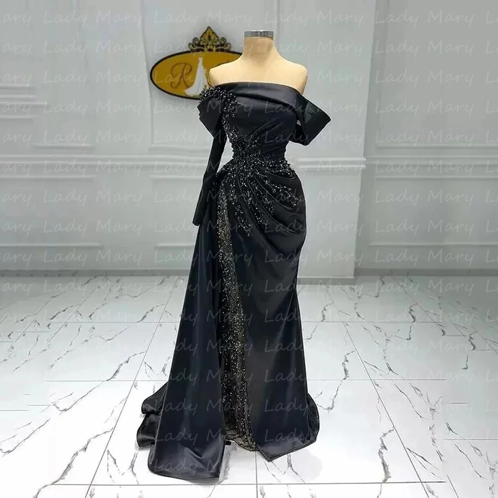 Customized Black Evening Dresses Sequins Off The Shoulder Formal Prom Gowns Single Long Sleeves Vestido De Noche 2024 Africa