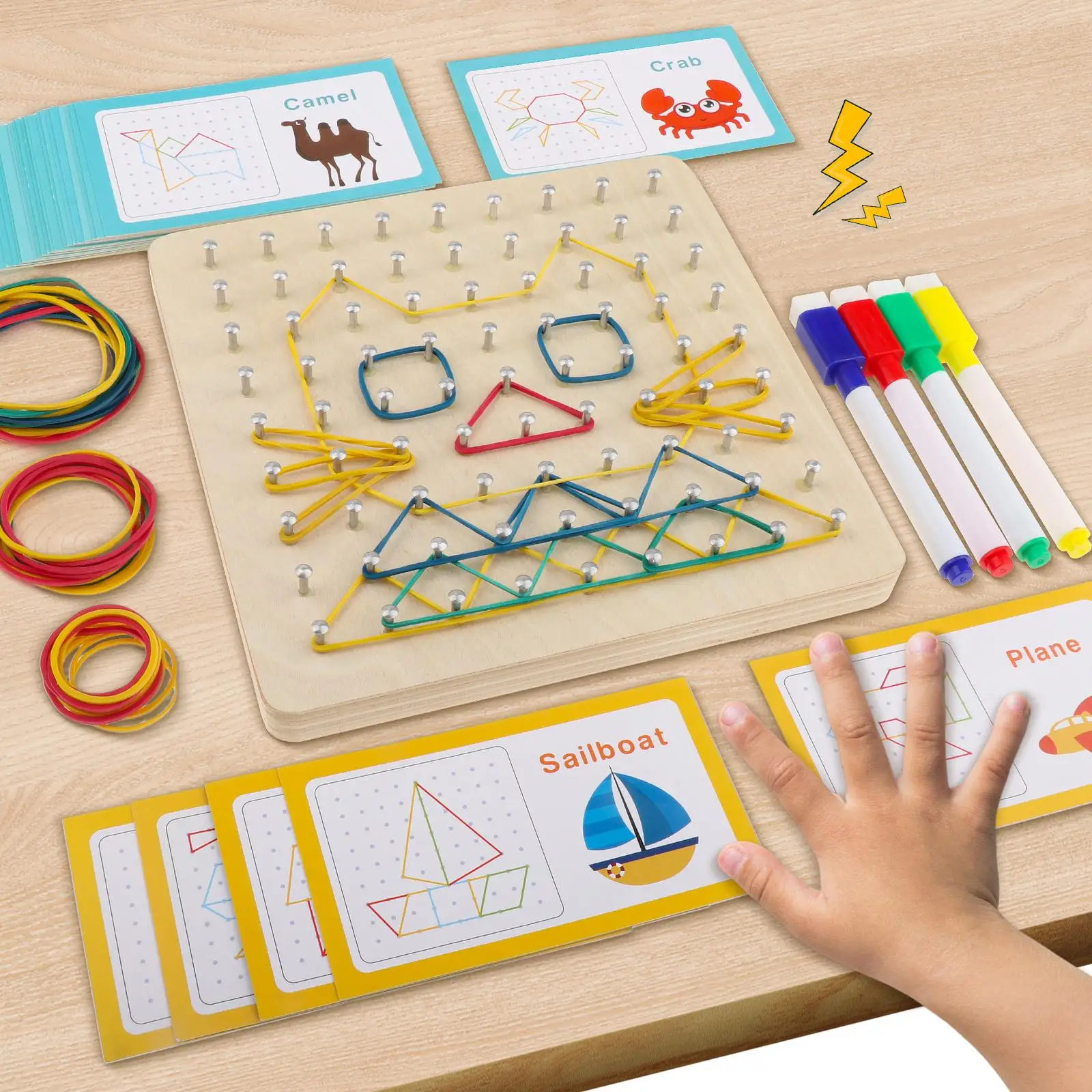 Geoboard ไม้และยางรัด 50 เส้นสําหรับเด็กวัยหัดเดิน 3 4 5 ขวบ