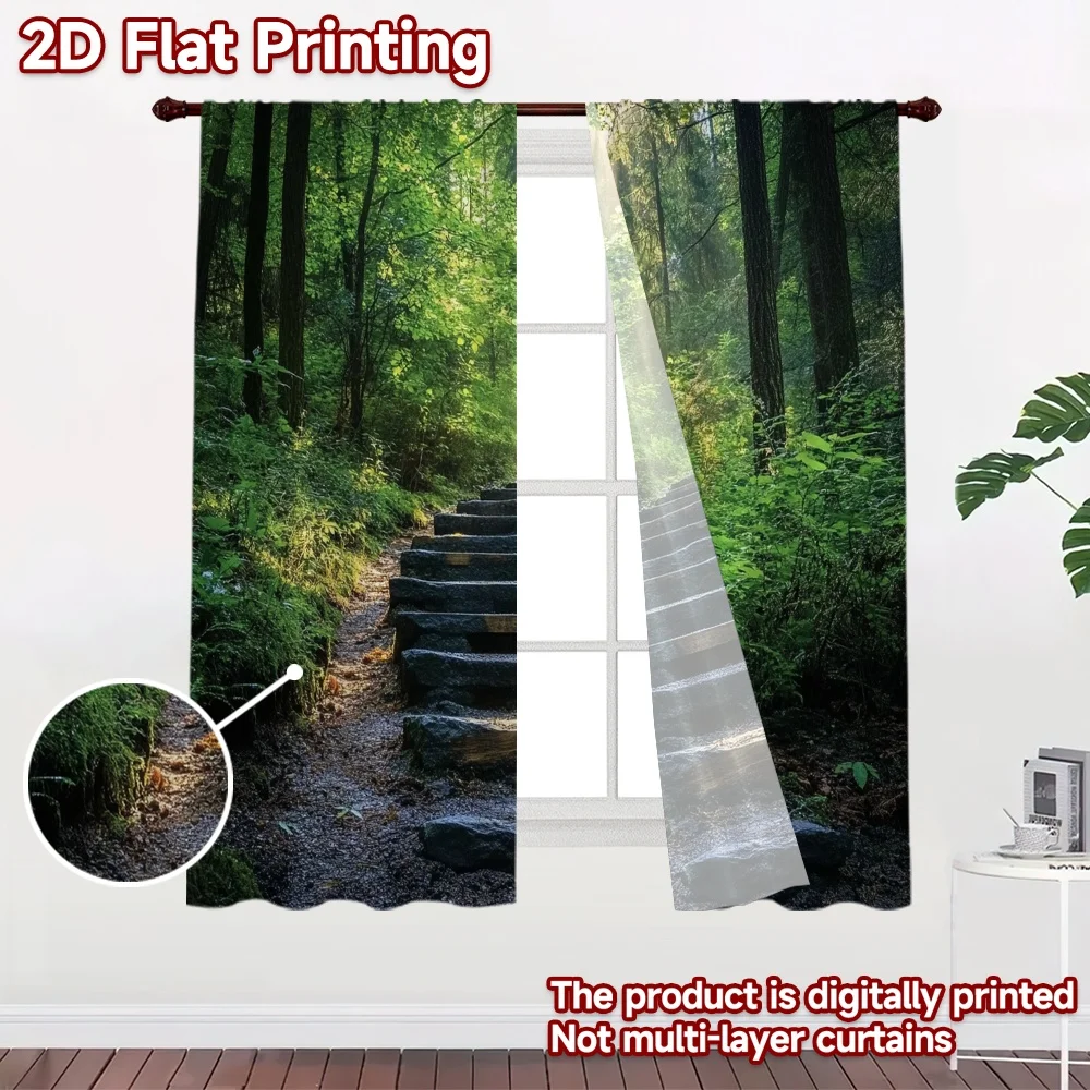 2D flat 2pcs Curtain French Romantic Style Sunlit Forest Steps Digitally printed polyester, colorfast Festive Curtains Use for