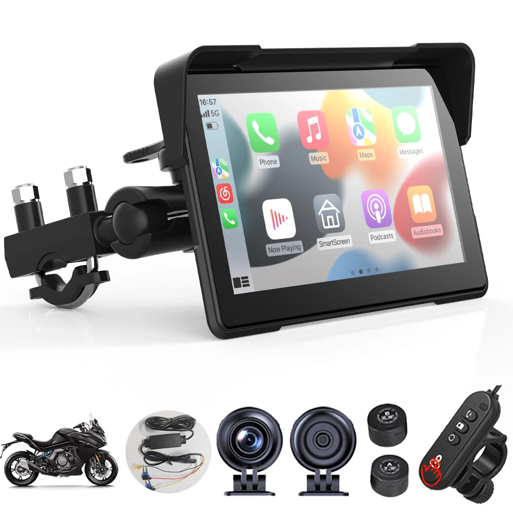 7inch Touch Screen GPS Navigator Motorcycle Wireless CarPlay Android Auto 2K+2K Dual DVR Moto Monitor IPX7 Waterproof ZC18+TPMS
