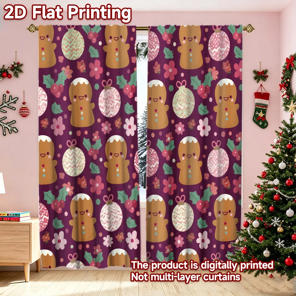 2D flat printing 2pcs Trend Christmas Curtains Christmas Gingerbread Figures Beautiful and stylish, 100% polyester fiber Party &