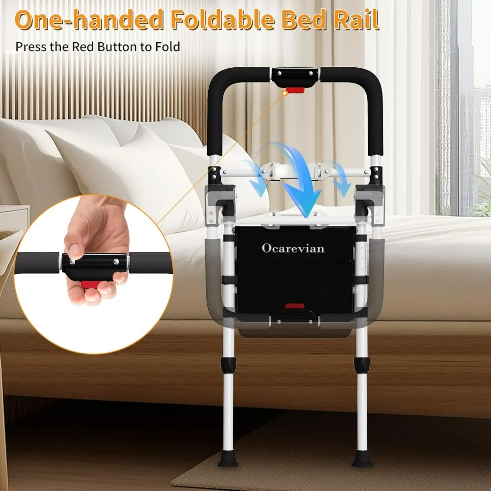 Bed Rails for Elderly Adults Safety, Foldable Bed Assist Rails for Seniors, Height-Adjustable Bed Side Rails with Lights