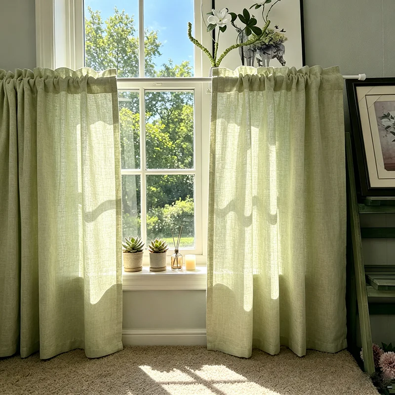 1PC American Retro Imitation Linen Green Cafe Curtain Semi Blackout Small Curtain For Living Room Kitchen Homestay Farmhouse