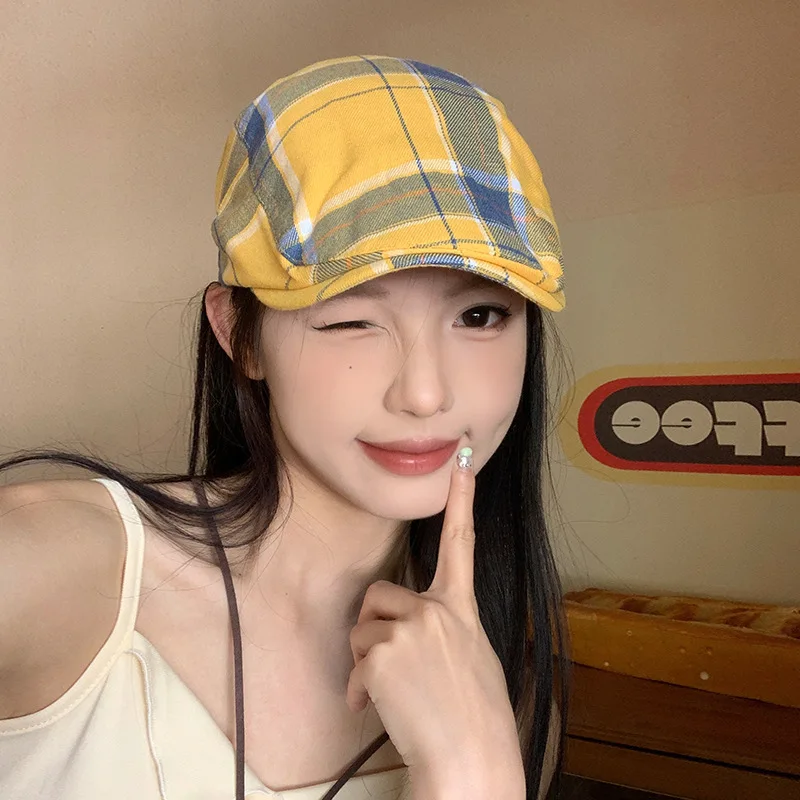 

Korean Style Plaid Beret for Women Lightweight Breathable Summer Newsboy Cap Artist Baker Boy Vintage Fashion Hat