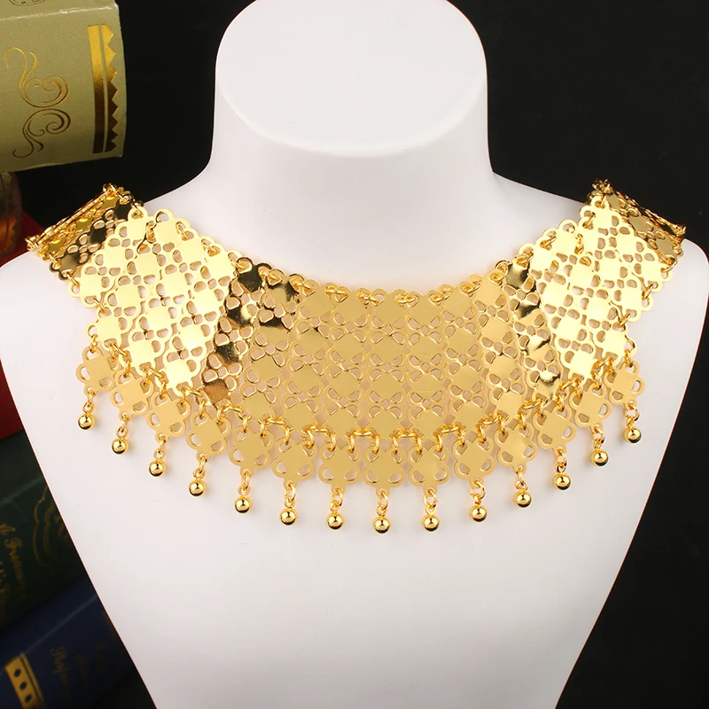 Dicai Luxury Women Jewelry Set Gold Plated Bead Pendant Women Necklace Wide Bracelet Women Earrings Abaya Dubai Luxury Designer