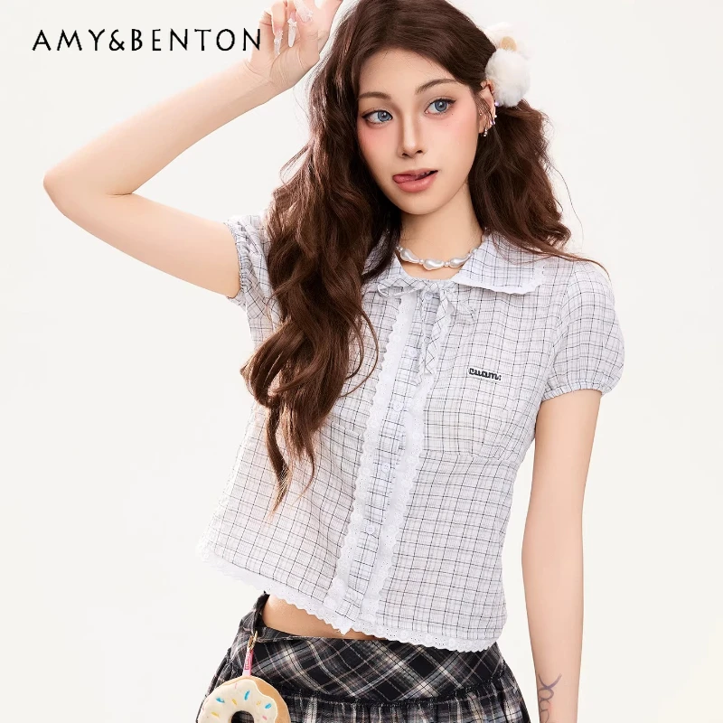 

Корейская дизайнерская женская рубашка с коротким рукавом, с кружевными вставками и клетчатым узором, летняя новинка 2026 года, милая, омолаживающая, в иностранном стиле