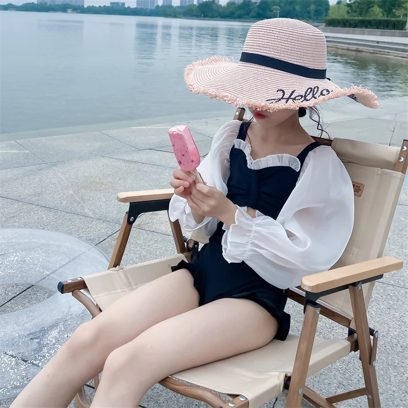 2024 New Girls Swim Wear Korean Sexy Slim Long Sleeved Kids Swimwear Children One Piece Swimsuit Backless Monokini Bathing Suits