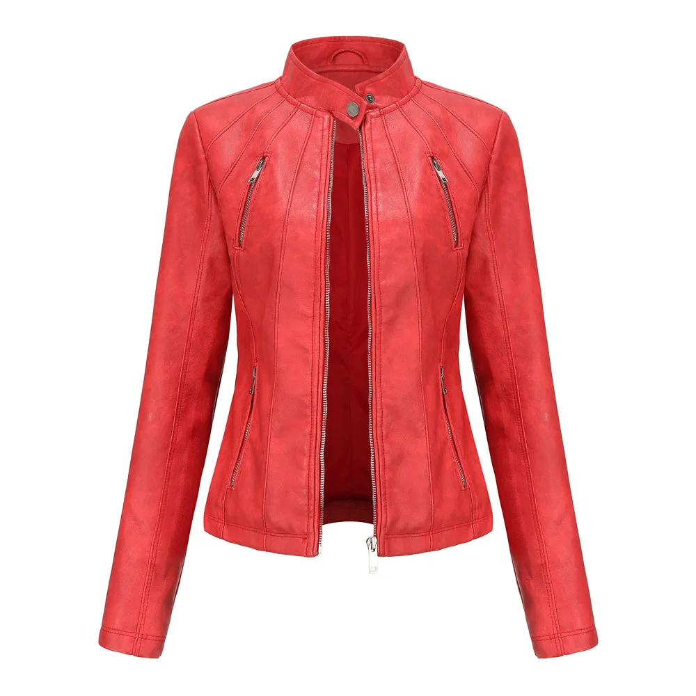 Abrigo de piel sintética con cremallera para Mujer, Chaqueta de motociclista, negro, rojo y marrón, otoño y primavera