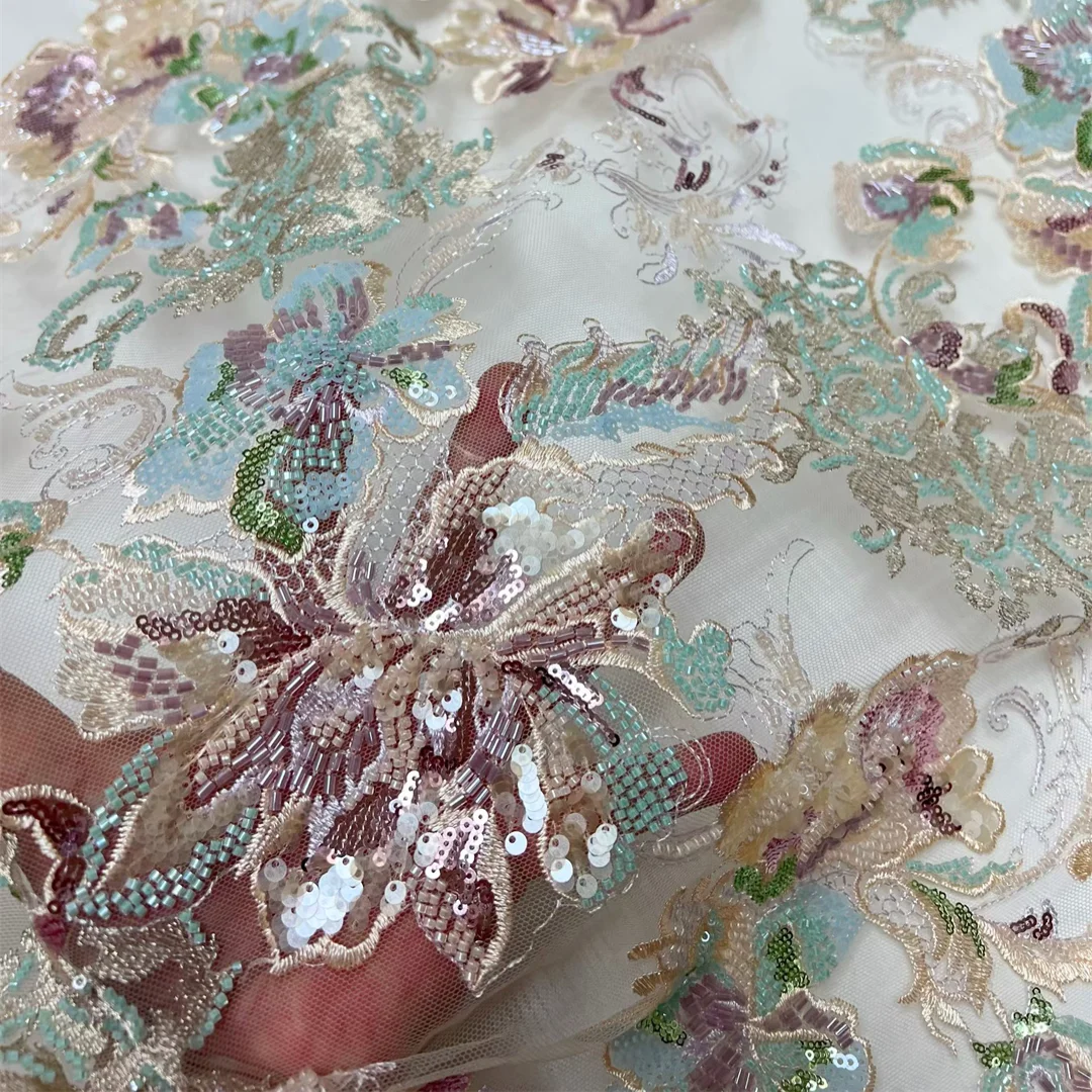 

Элитная сетчатая тюлевая ткань с кружевом, бисером, пайетками и цветочной вышивкой высокого качества в африканском стиле для свадебных и вечерних платьев, для шитья