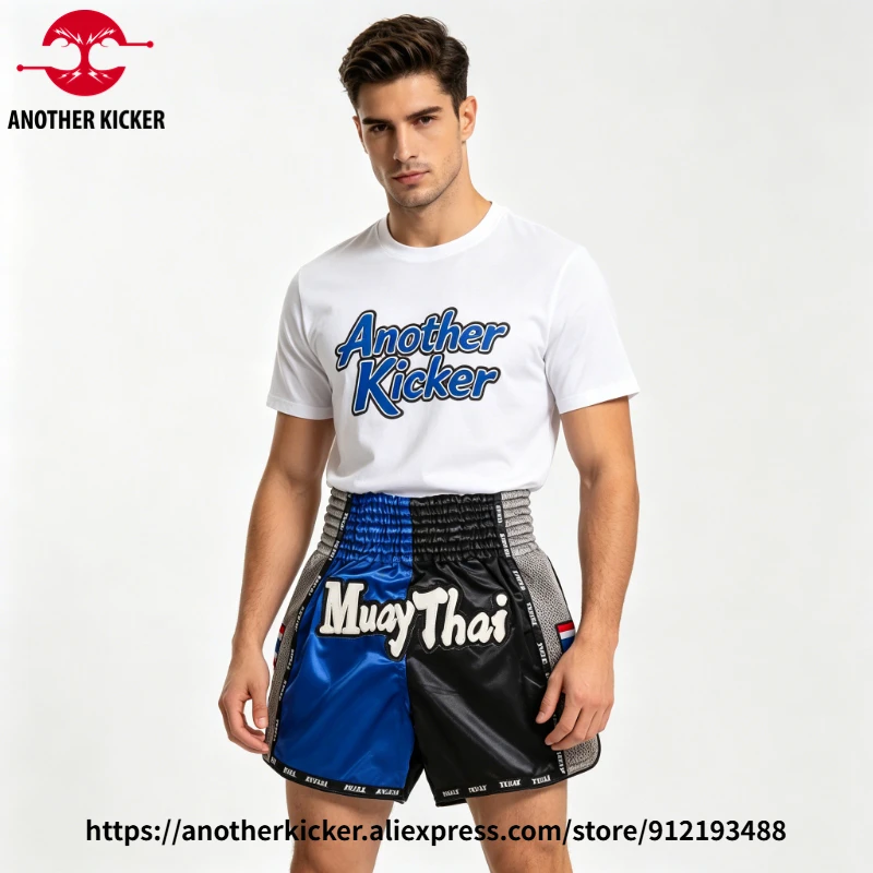 Muay Thai Shorts Mesh Panel Black Blue Embroideried Boxing Pants Men Women Kids Kickboxing Fight Pants Sparring TrainingbShorts