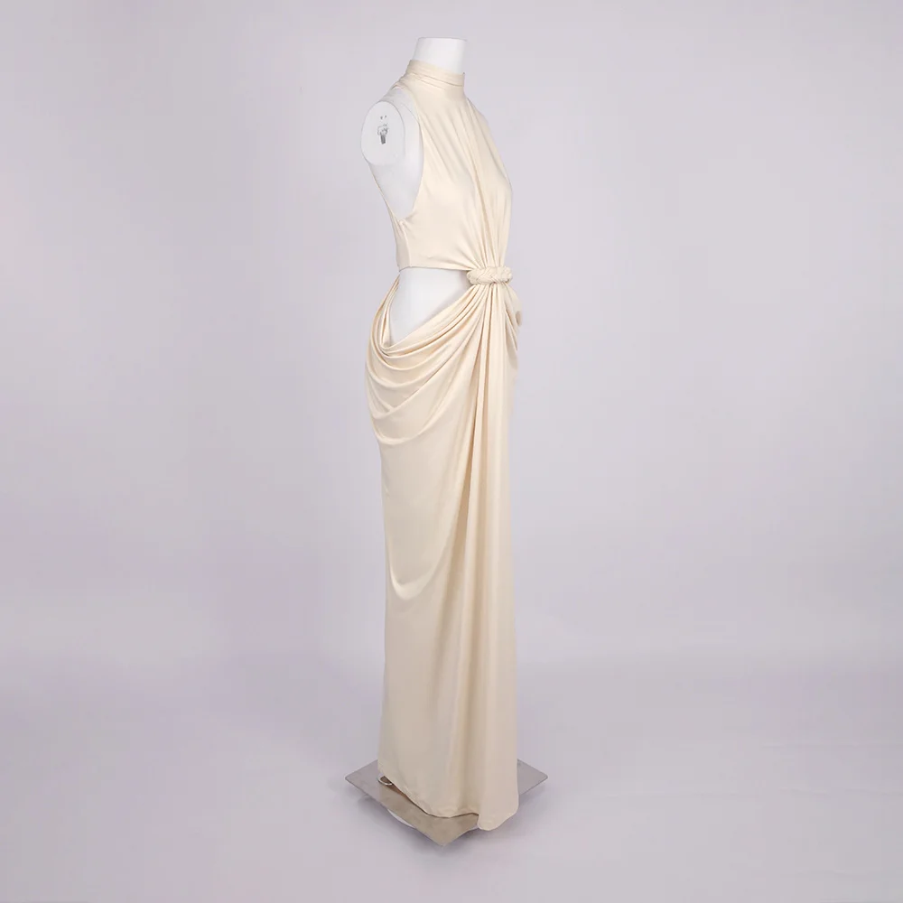 Femmes Design de luxe Beige sans manches découpé drapé Maxi longue douce robe confortable haute rue soirée spectacle robes