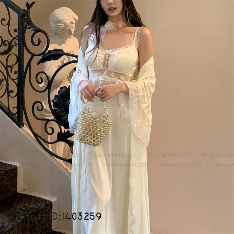 Female Twinset Robe Set Elegant French Style Lace Bathrobe Gown Sleepwear Sexy Lingerie Suspender Nightgown Silky Satin Homewear view 3