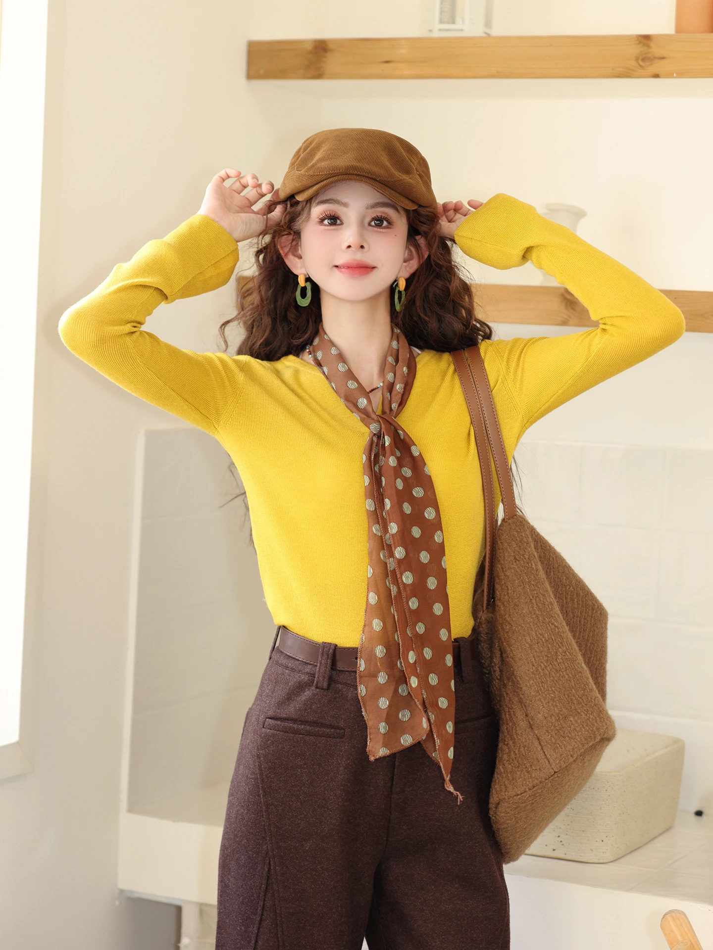 

QingTao Note Chen JiaJie, женский облегающий длинный вязаный топ с шарфом, внутренняя одежда, базовый слой, осень-зима, моя