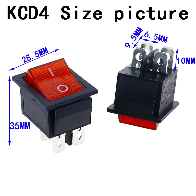 5pcs 2 Position Red Light Rocker Switch 16A/250V KCD4-20 4 Pin ON/OFF Toggle Switches 35 x 25.5 x 10mm