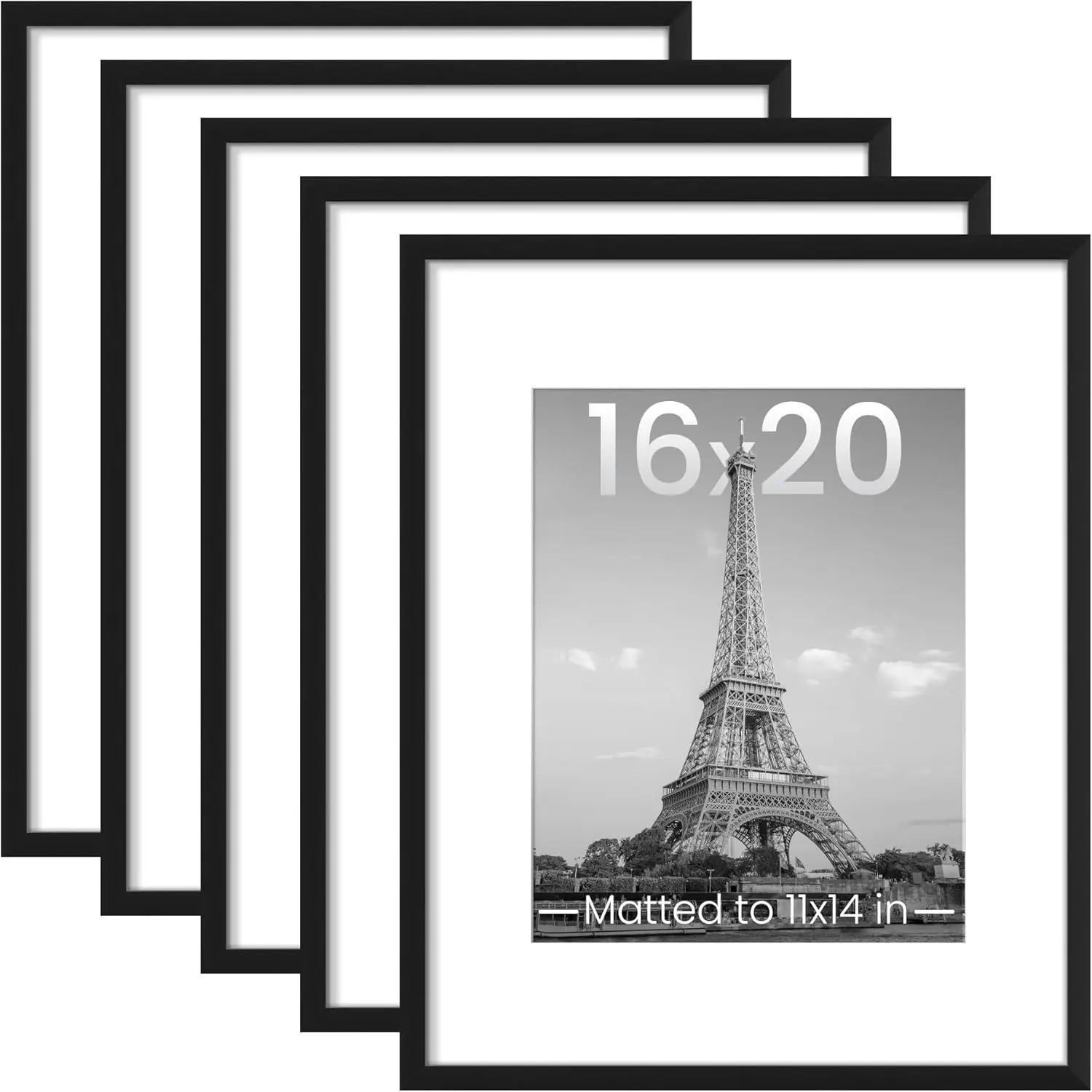 16x20 Picture Frame Set of 5, Display Pictures 11x14 with Mat or 16 x 20 Without, Wall Gallery Poster Frames, Black