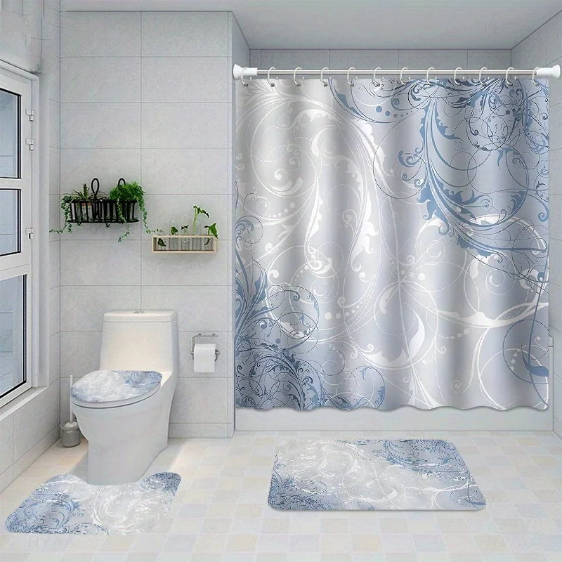 1/4pcs Blue Graphic Printed Shower Curtain Set, Waterproof Bathroom Partition Curtain With Hooks, Non-Slip Bath Rug, Toilet U-Sh