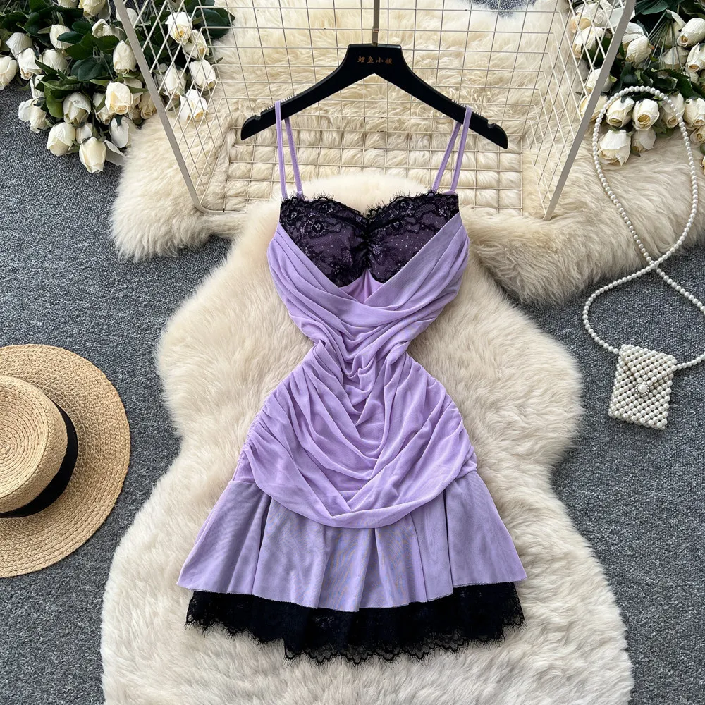 Women Lace Spliced Cami Dresses Pleat Fitted Dress Mini Lenth Sleeveless Waist Cinch Thin Slim Party Sexy Elegant 2026 Summer