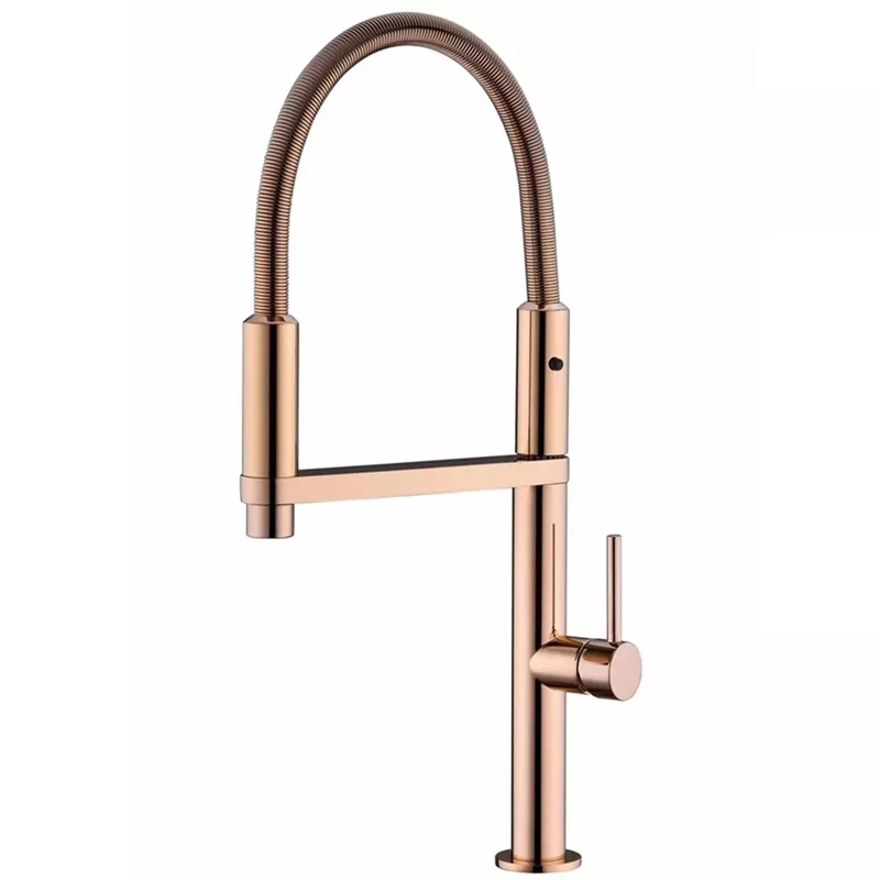 Custom Promotion Rose Gold Spring Pull Down Kitchen Taps Pre Rinse 360 Degree Rotating Kitchen Faucet