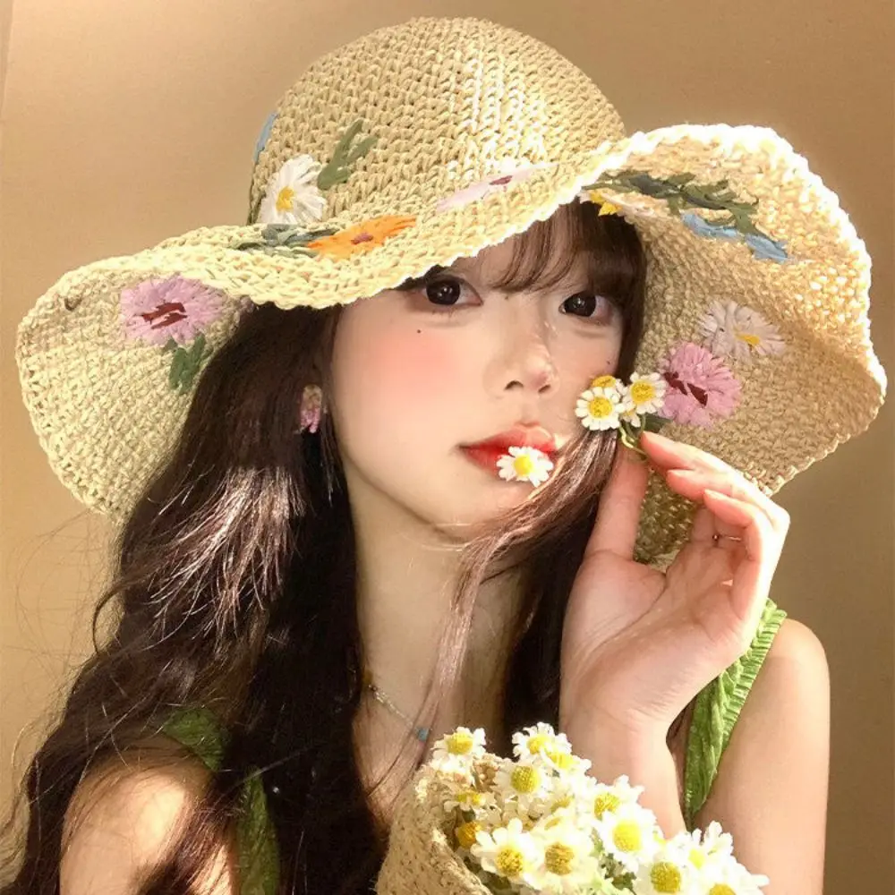 

Colorful Flower Straw Hat Embroidered Flower Wide Brim Women's Sun Hats Boho Hollow Out Fisherman Hat Holiday