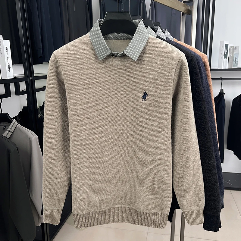 men's luxury autumn winter high quality long sleeves false two-piece lapel embroidery knit sweater leisure trend men's clothing