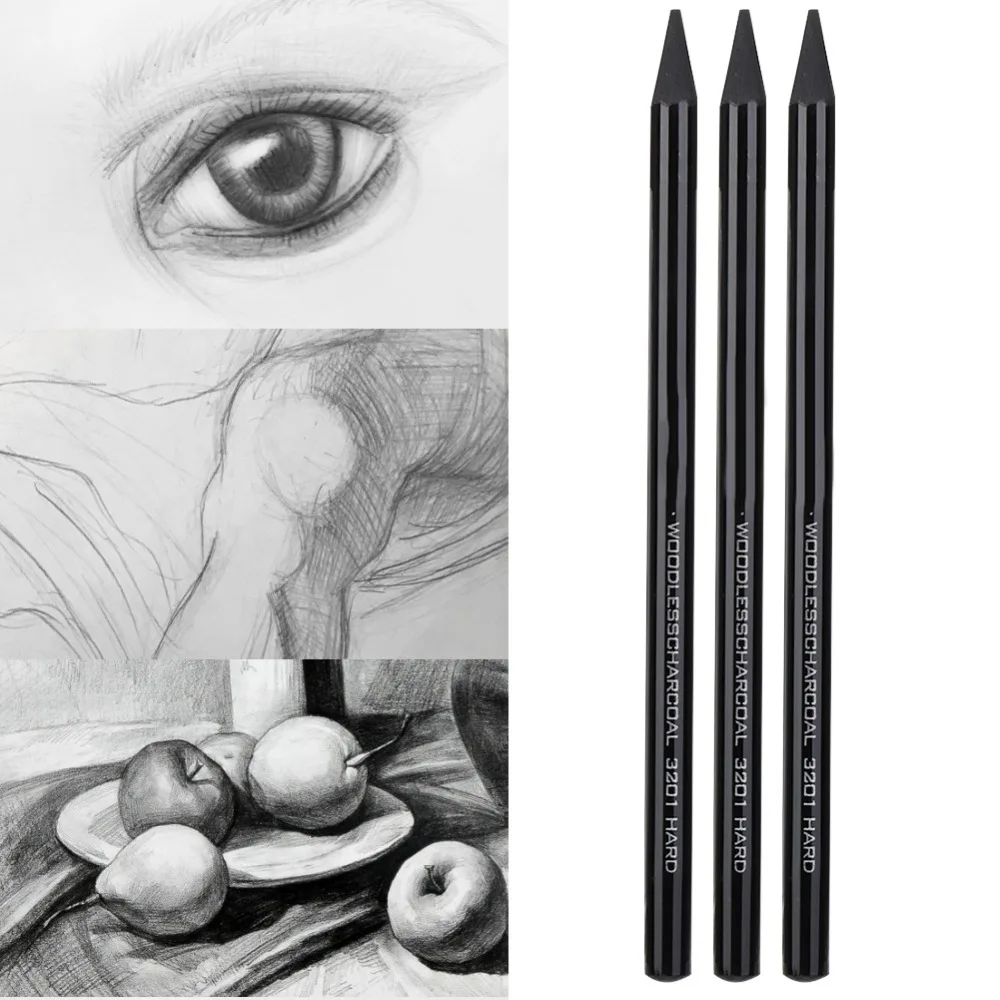 3PCS Shading Pencils Hard Medium Soft Charcoal Pencils Pure Carbon Woodless Woodless Charcoals 5.7inch Drawing Pencils Artists