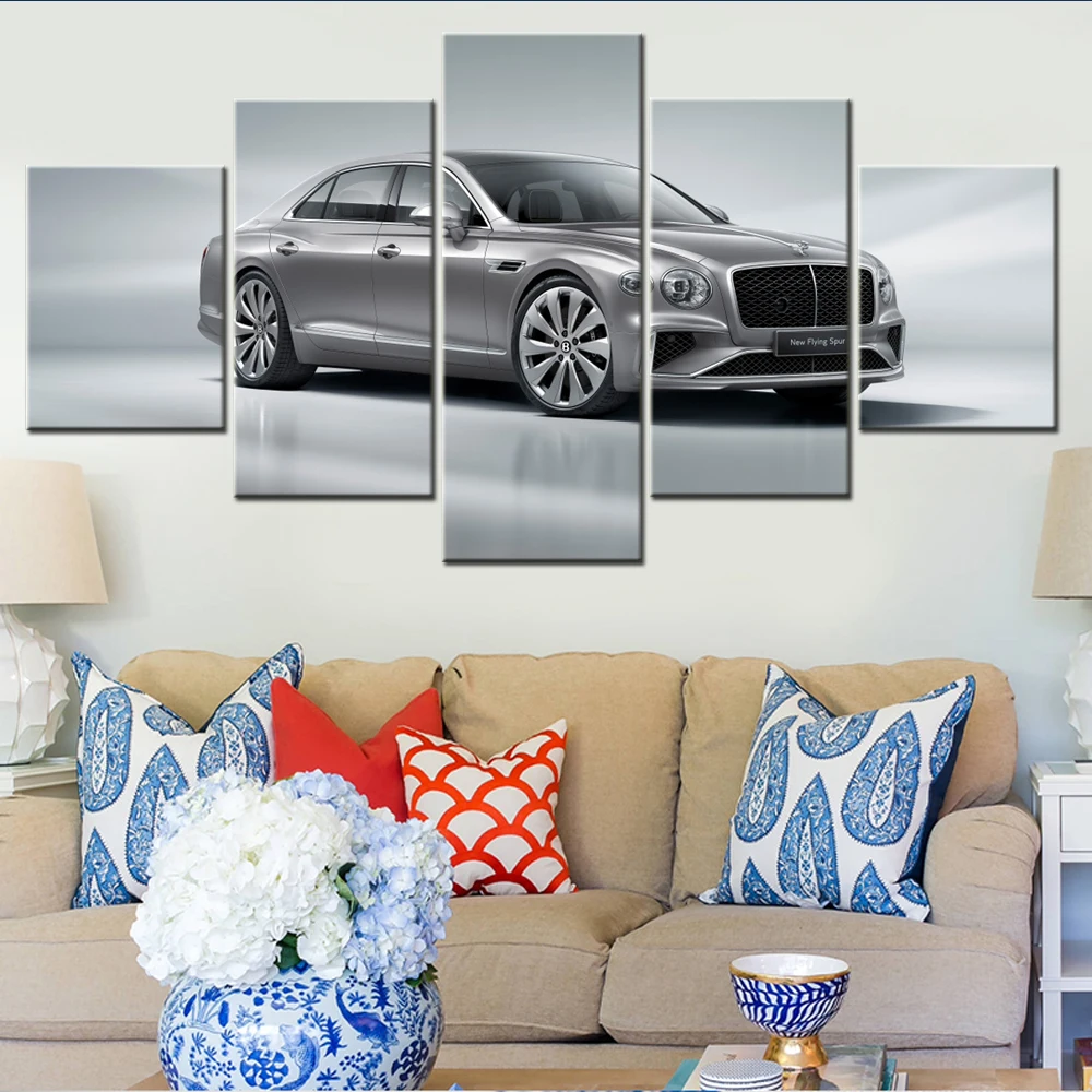 5 Pieces Canvas Wall Arts Poster Paiting Gray Cars Flying Spur 2025 Wallpaper Home Decor Picture Printing Living Room Mural