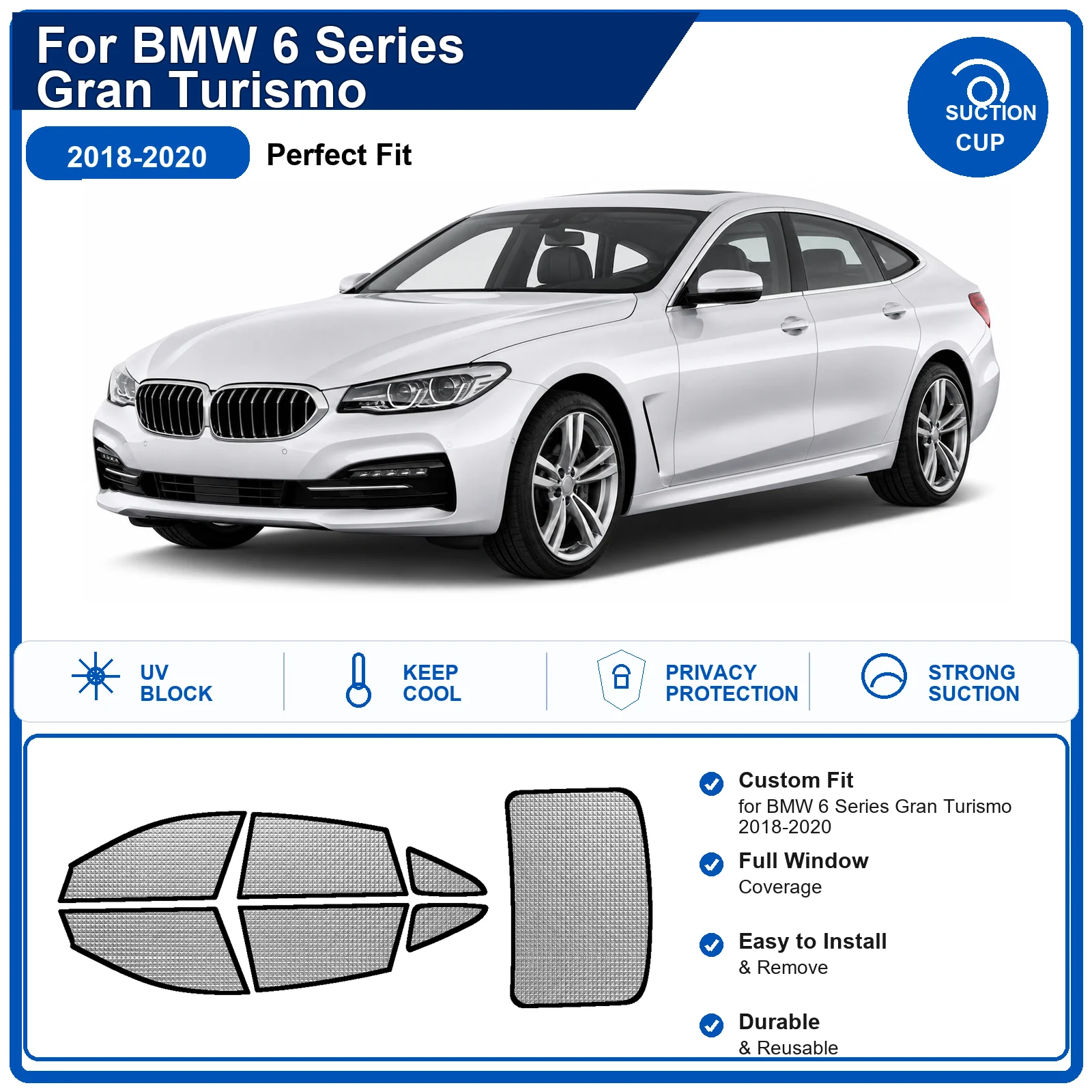 For BMW 6 Series Gran Turismo 2018-2020 Custom Full Set Windshield Sun Shade Aluminum Foil Heat Insulation Anti UV Foldable