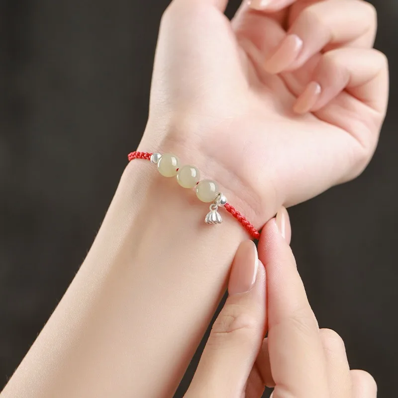 Vintage Hetian Jade Red String Bracelet for Women Handmade Braided Lucky Hand Rope Girls Gifts