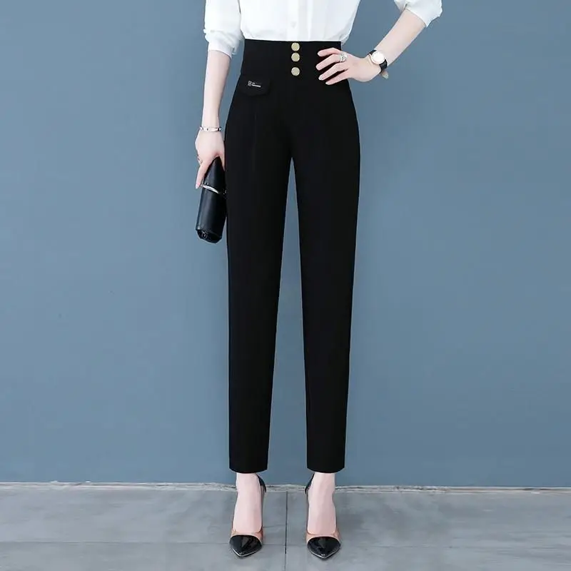 

Women's Clothing Spring Autumn Solid Color Elastic Pockets High Waisted Button Trousers Straight Pencil Trouser Suits Pants