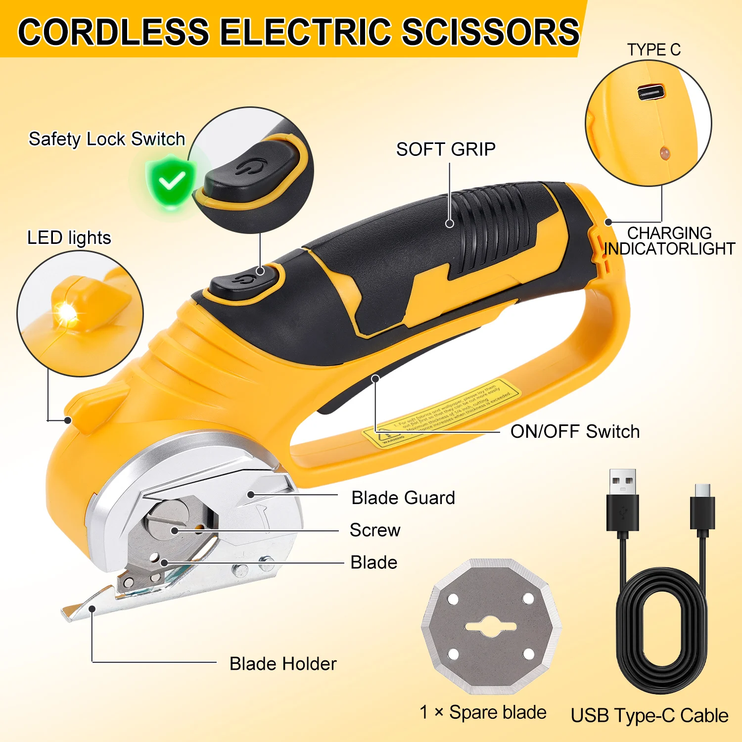 3.6V 1500mAh Cordless Electric Rotary Fabric Scissors SK4 Blade USB Type-C Rechargeable LED Safety Shear For Leather Carpet