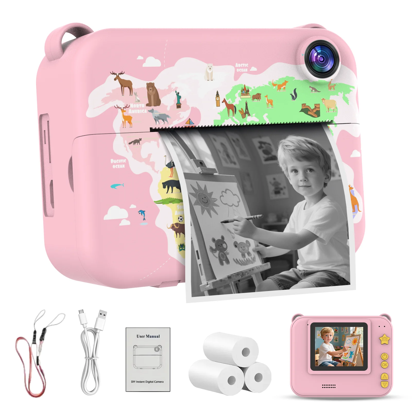 Digitale kindercamera 1080P HD-videorecorder met instant print Mini thermische printer Educatief verjaardagscadeau voor kinderen