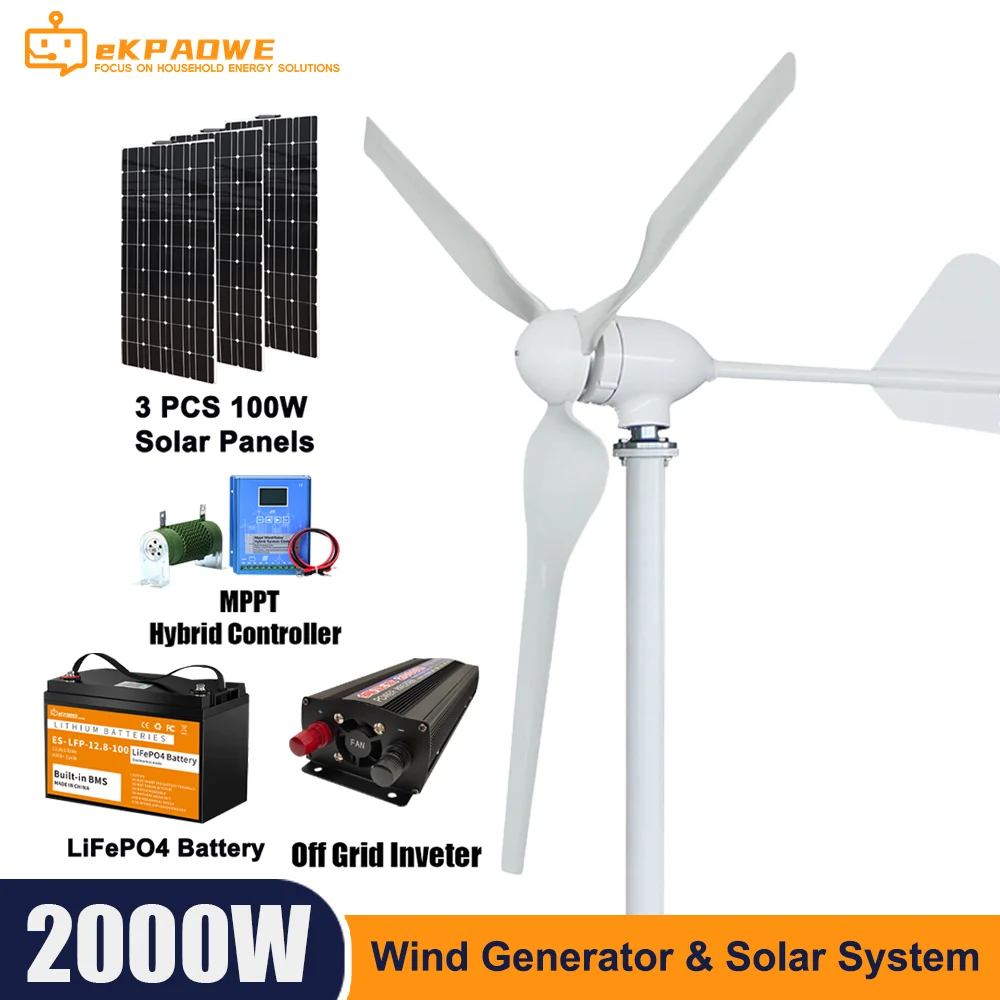 Poland 2000W Horizontal Wind Turbine Generator Low Wind Speed Start 12V 24V 48V Windmill With MPPT Controller 300W Solar Panel