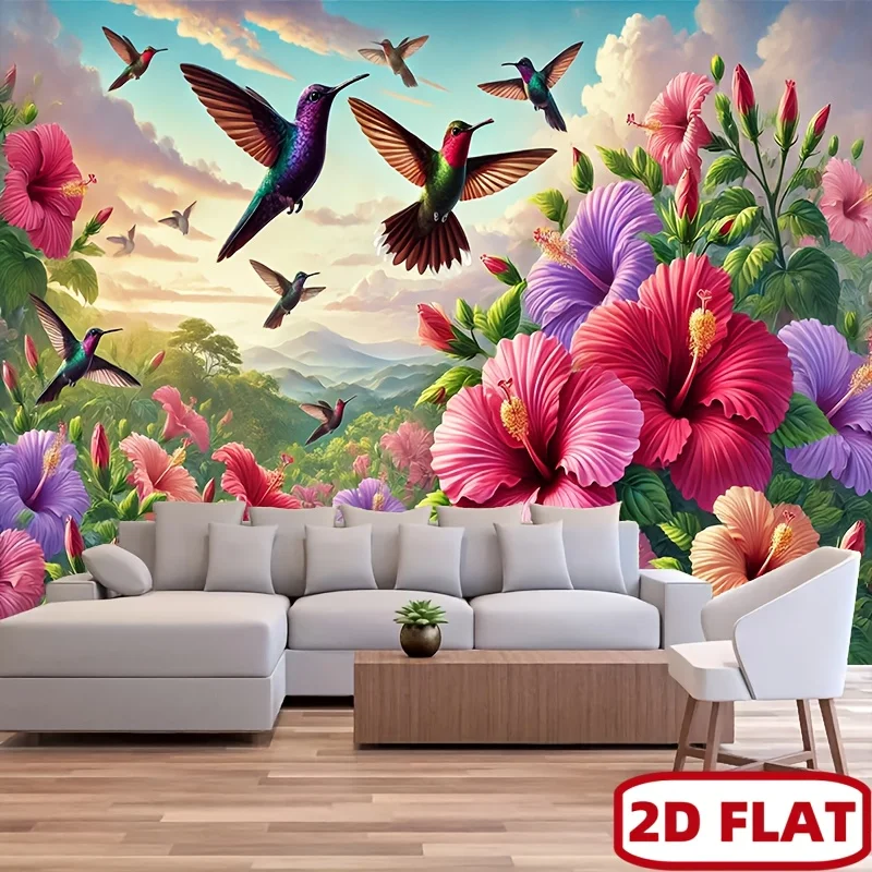 Colorful Hummingbirds Hibiscus Flowers Tropical Nature 2D Flat Tapestry Backdrop For Living Room Decor Botanical Wall Art