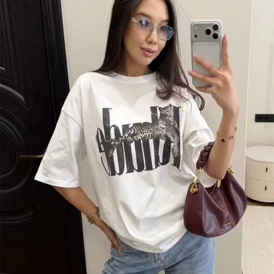 2026 new Women White Crew Neck Cotton T-Shirt Vintage Leopard Letter Graphic Oversized Casual Tee