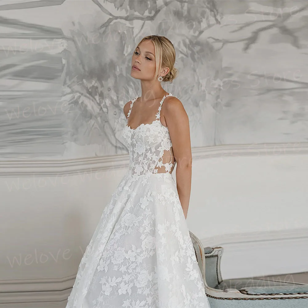 Sexy A Line Women's Wedding Dresses Spaghetti Straps Lace Appliques Vestidos De Novias De Boda Customized Bride Gowns Vestidos