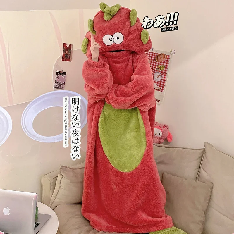 Funny Carrot Shaped Nightgowns Women Pajamas Thickening  Winter Sleepwear Man Korean Soft Warm Robe Homewear Flannel Nightwear