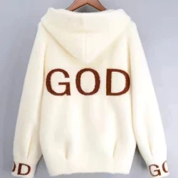 Winter Mink Cashmere Sweater Cardigan 2024 Women Fashion Letter Coats Female Short Thick Overcoat New Loose Hooded Collar CJoat