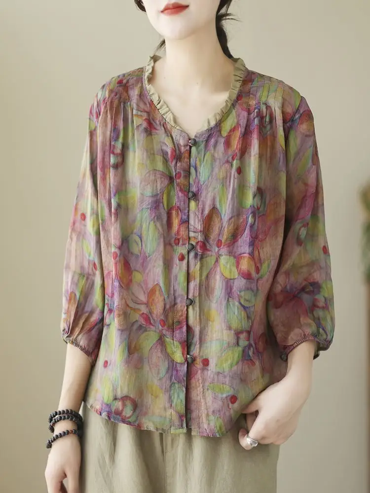 Loose Fit Cotton Linen Seven Sve irt Women's Vintage Print V Ne Slimming Casual Faion Commute Sle Summer irt