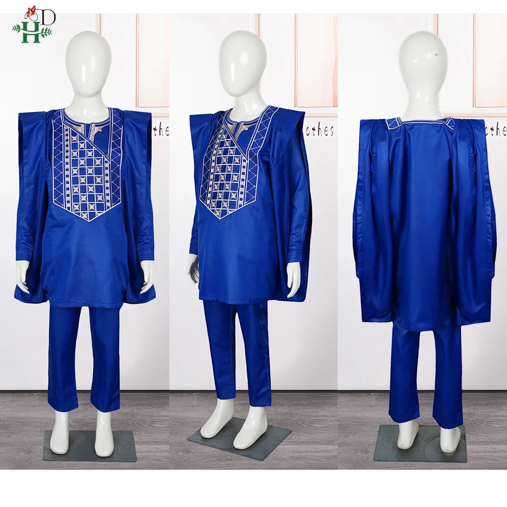 H&D 2025 African Tradition Clothes For Kids Boys White Blue Long Sleeve Tops Embroidery Dashiki Robe Shirt Pant Child Set 3 PCS