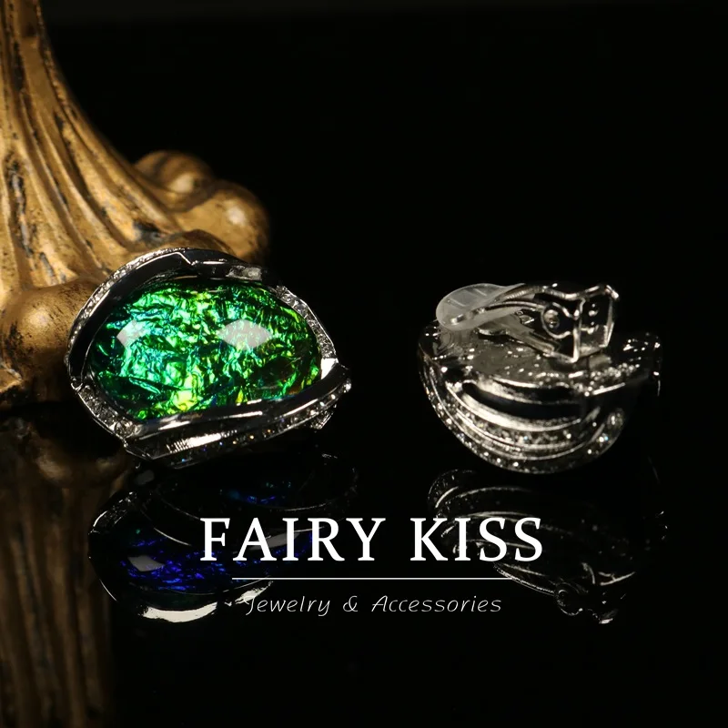 Medieval Fashion Symphony Diamond Earrings Studs Ear Clips Temperament  Green Tone Non-pierced Earrings