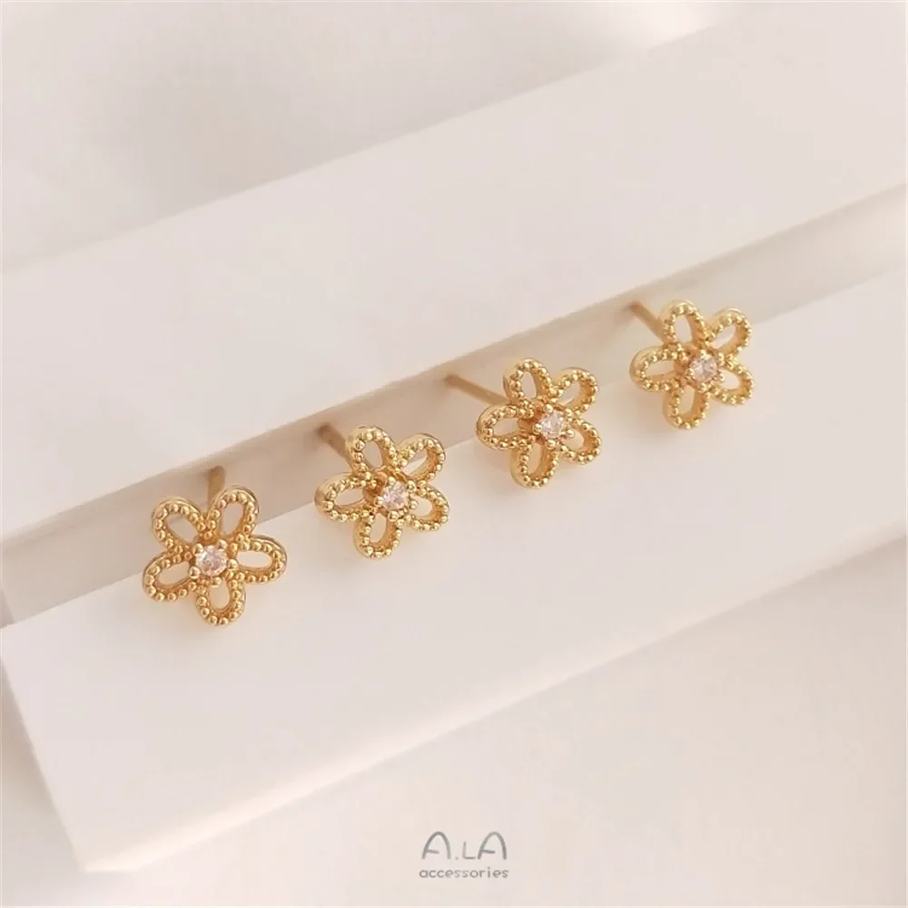 

S925 silver needle 14K gold color set with zircon hollow florets ear stud 7mm six petal flower ear pin exquisite earrings