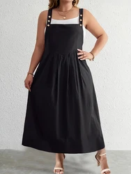 Plus Size Women's Button Shoulder Strap Dress for Casual Wear Solid Colour Summer Best Choice Polyester
