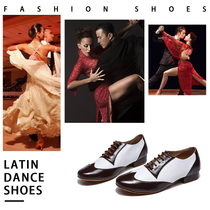 Swdzm sapatos de dança de couro genuíno dos homens meninos sapatos de dança latina para homens festa sapatos de dança de salão tango masculino interior branco + marrom